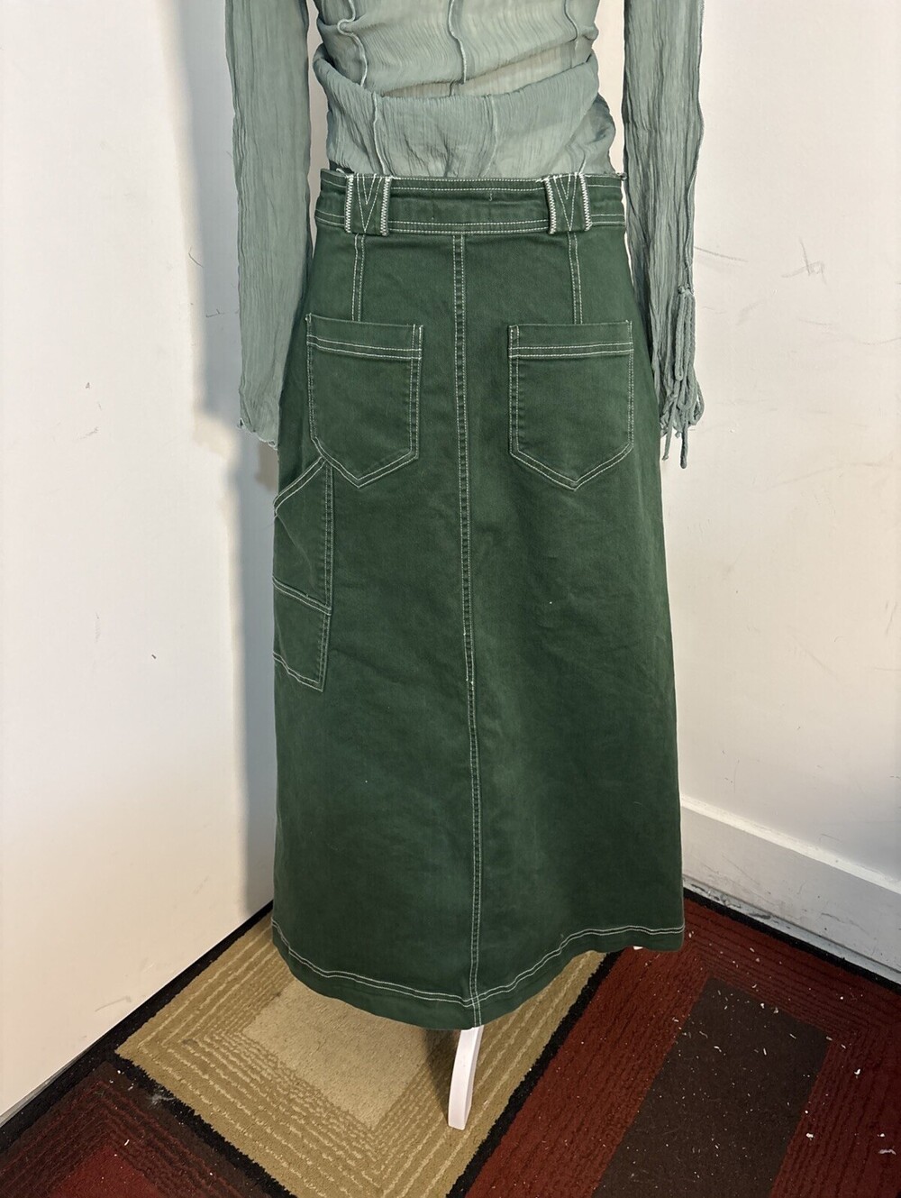 Anthropologie Pilcro Cargo Maxi Skirt Denim Pockets Front Slit Green Sz 6 NWOT - Picture 10 of 14